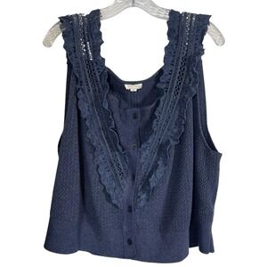 PILCRO By Anthropologie Sz 2X Crafted Bib Sweater Tank Navy Blue Lace Trim Top